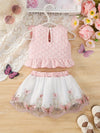 2pcs Pink Short Sleeve Round Neck Ruffle Textured Fabric + Butterfly Embroidery Mesh Skirt FD6121D