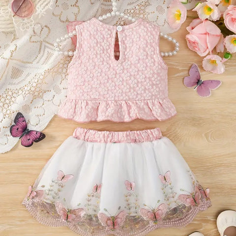 2pcs Pink Short Sleeve Round Neck Ruffle Textured Fabric + Butterfly Embroidery Mesh Skirt FD6121D