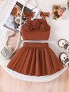 Girls' 3D Floral Bow Tie Top and Pleated Skirt Set, Perfect for Outdoor FD6124F
