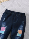A Young Girl'S Round-Neck Long-Sleeve Top Paired with Print Faux Denim Pants, for Outdoor FD6402A