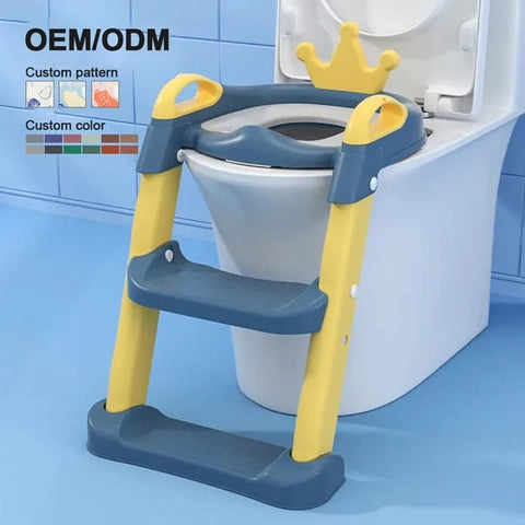 Yellow & Blue Crown Design Kids Toilet Bowl Potty Ladder/ Training Seat with Adjustable Toilet Ladder BCP1042B