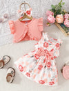 Charming Girls' Summer Ensemble: Sleeveless Floral Print Dress with Ruffle Sleeves & Bow Headband, Perfect for Outdoor FD6109A