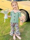 Green 2Pcs Set for Girls in Summer with Bow Embellishment, Creative Suspender Top with Exposed Shoulders and Short Sleeves + Romantic Floral Print Bell-Bottom Pants FD6122I