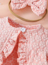 3pcs Adorable Girls' Summer Outfit: Pink Butterfly Embroidered Tulle Dress with Ruffle Sleeves & Bow Accent, Polyester Crop Top with Bow Headband Set - Machine Washable, Special Occasion Dress|Ruffle Sleeve Dress|Floral Embroidery FD6102F