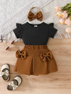 3pcs Casual Crew Neck Short Sleeve Top and Pleated Skirt Set, Polyester Knit Fabric, Slight Stretch, Solid Color, Regular Fit, with Bow Detail and Matching Headband FD6122C