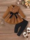 2pcs Toddler Casual Polyester Outfit Set, Solid Color Long Sleeve Shirt with Ruffle Detail and Bow Belt, with Matching Pants, for Spring/Fall, for Outdoor FD6130C