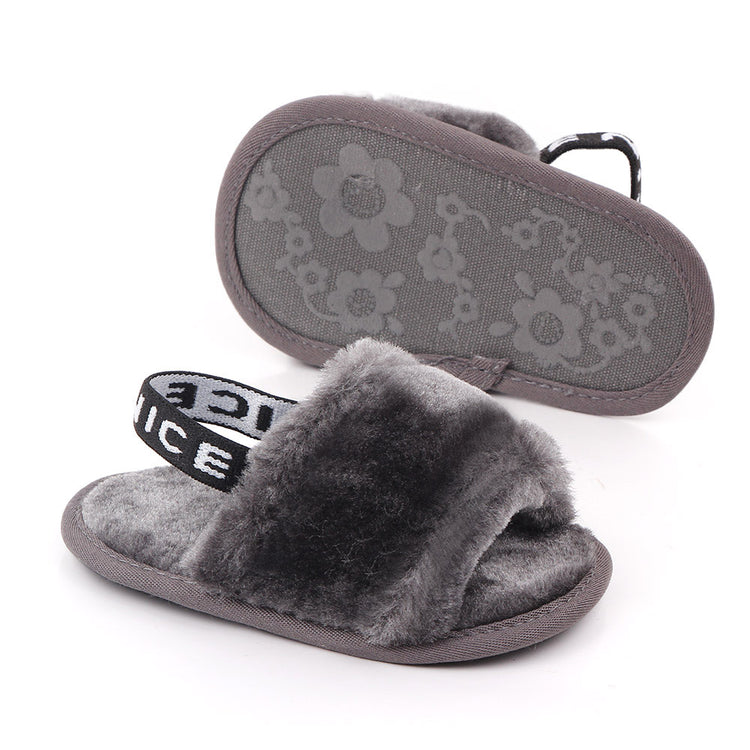 Gray Back Stripes Heart Fur Slippers SLP8002C