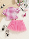 2pcs Set for Girls with Pink Plaid Print Blouse and Bow Design Mesh Short Skirt Cute Outfit, Perfect for Outdoor FD6408I