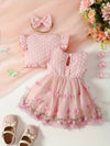 3pcs Adorable Girls' Summer Outfit: Pink Butterfly Embroidered Tulle Dress with Ruffle Sleeves & Bow Accent, Polyester Crop Top with Bow Headband Set - Machine Washable, Special Occasion Dress|Ruffle Sleeve Dress|Floral Embroidery FD6102F