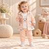3 Pcs Peach Blush Cute Animal Design, Romper, Pant & Jacket & Dress, Comfortable Autumn & Winter Outdoor Wear FD6414L
