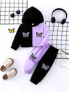 Girls' Two-piece Set with Patchwork Hoodie and Color-blocked Long-sleeved Butterfly Sweatshirt and Color-blocked Patchwork Sweatpants TS6038C