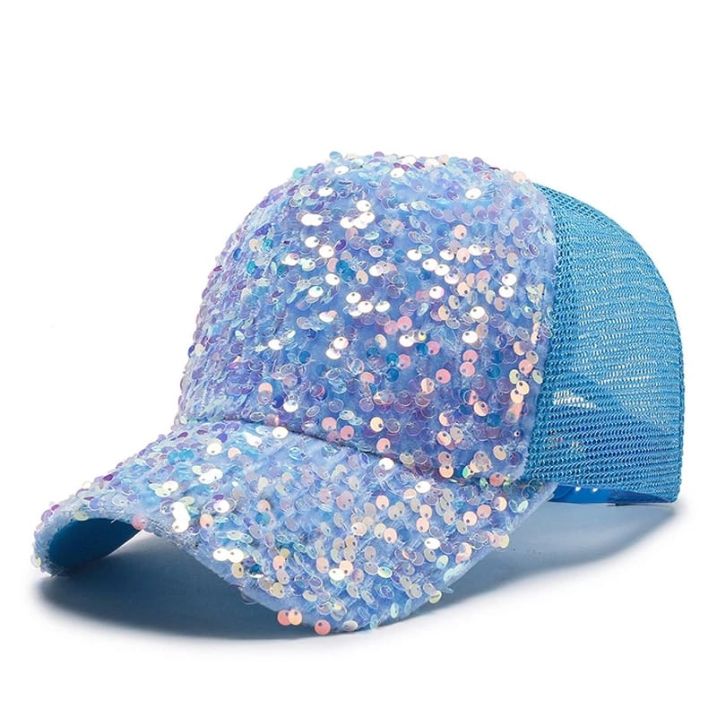 Sky Blue Girl's Shiny Sequined Mesh Caps Summer Thin Breathable Baseball Cap CP5041B