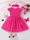 Summer Girls' Casual Dress with Ribbed Mesh Splicing, Comes with a Hair Accessory FD6110J