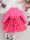 Casual Kids' Clothing| Charming Girls' Bright Pink Long-Sleeve Dress with Bow Detail - Polyester, Non-Stretch, Casual Style with Tulle Skirt - Perfect for Spring/Fall Events, Hand or Dry Clean Only FD6092B