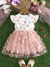 Adorable Summer Girls' Fashion Dress - Double-Sided Brushed Digital Butterfly Print, Pink Tulle Overlay with Large Bow Detail FD6110A
