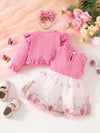 3pcs Adorable Girls' Butterfly-Themed Outfit: Long Sleeve Ruffle Crop Top, Sleeveless Tulle Dress & Bow Headband - Polyester Blend, Perfect for Casual Wear, Perfect for Outdoor FD6102C
