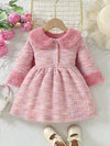 Adorable Girls' Pastel Pink Fluffy Collared Dress - Sweet & Cute, Stretchy Polyester Blend, Perfect for Spring/Fall, Casual Style with Ribbon Detail, Girls Dress FD6127C