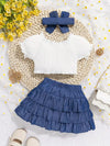 Chic Summer Girls' Outfit Set - Elegant Faux Denim Print Skirt with Bow Detail & Casual Top, Machine Washable, Perfect for Outdoor FD6122A