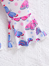2 Pcs Baby's Cartoon Butterfly Print Ruffled Bodysuit & Trendy Bell-bottom Pants, Toddler & Infant Girl's Outdoor Clothing Set For Spring BS6101A
