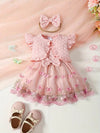 3pcs Adorable Girls' Summer Outfit: Pink Butterfly Embroidered Tulle Dress with Ruffle Sleeves & Bow Accent, Polyester Crop Top with Bow Headband Set - Machine Washable, Special Occasion Dress|Ruffle Sleeve Dress|Floral Embroidery FD6102F