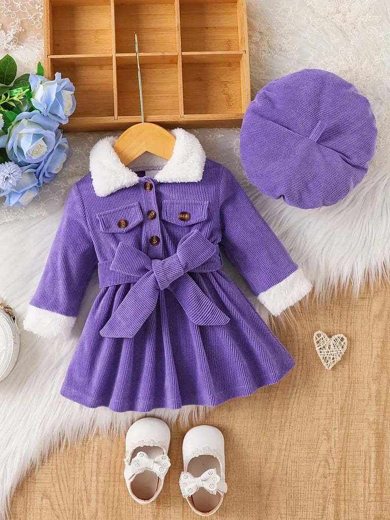 Purple 3 Pcs Set of Fashionable Dresses with Fur Collar and Long Sleeves + Hat Belt FD6042