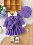 Purple 3 Pcs Set of Fashionable Dresses with Fur Collar and Long Sleeves + Hat Belt FD6042