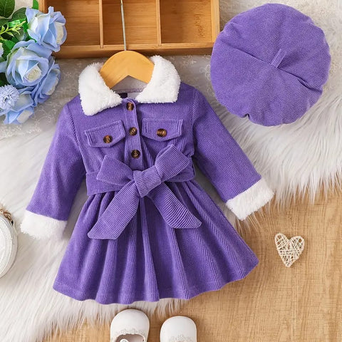 Purple 3 Pcs Set of Fashionable Dresses with Fur Collar and Long Sleeves + Hat Belt FD6042