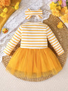 Casual Crew Neck Long Sleeve Knitted Fabric Cartoon Pattern Net Dress for Girls FD6104F