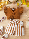 Solid Color Twisted Sleeve Cotton Top with Striped Bow Shorts, for Outdoor FD6091D