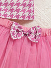 2pcs Set for Girls with Pink Plaid Print Blouse and Bow Design Mesh Short Skirt Cute Outfit, Perfect for Outdoor FD6408I