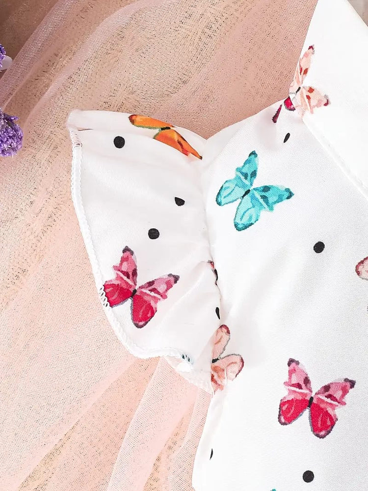Girls' Butterfly Print Collar Flap Front Top + Solid Color Pleated Skirt with Button Decoration, Girls' Fashionable Outing Skirt Set FD6114B