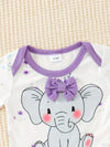3pcs Cute Elephant Bowtie Bodysuit with Matching Hat and Pants Set, Polyester Knit Fabric, Animal Pattern, Regular Fit, with 95% Polyester, 5% Spandex for Newborns BS6044E