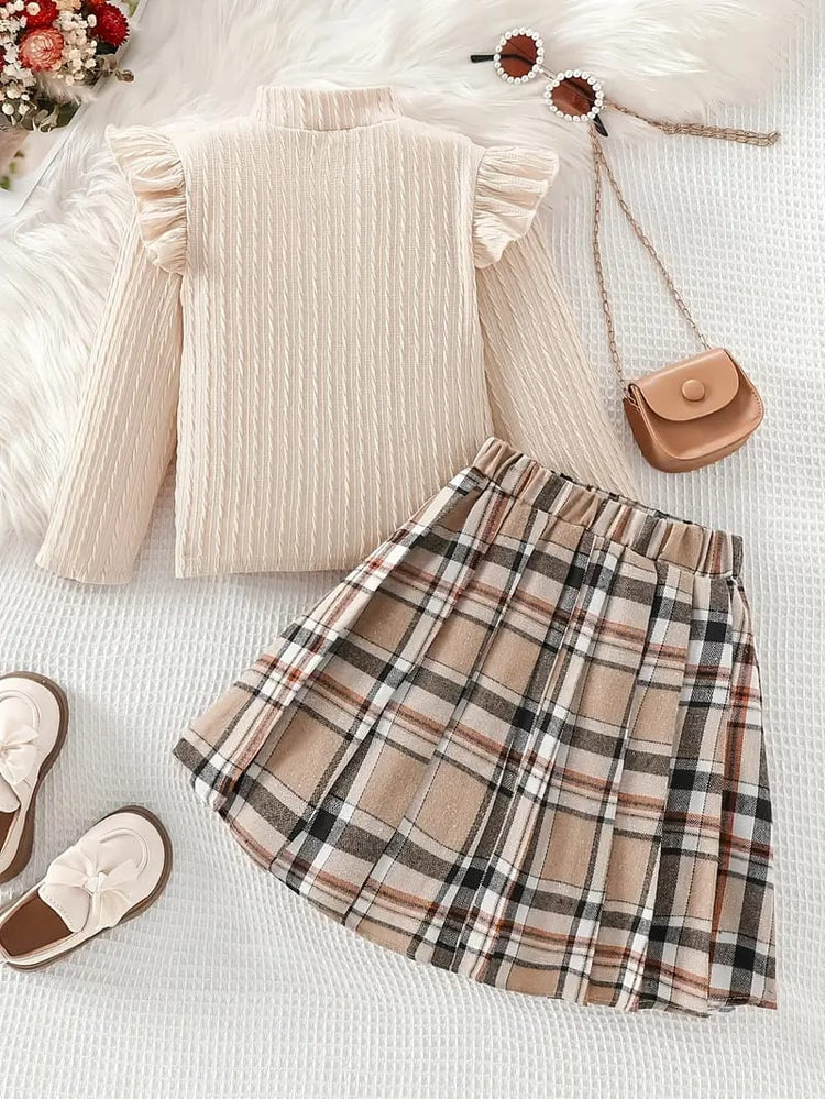 Chic Girls' Fall Outfit Set: Plaid Bow-Knot Long Sleeve Top & Pleated Skirt - Perfect for School Parties & Casual Wear FD6033