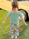 Green 2Pcs Set for Girls in Summer with Bow Embellishment, Creative Suspender Top with Exposed Shoulders and Short Sleeves + Romantic Floral Print Bell-Bottom Pants FD6122I