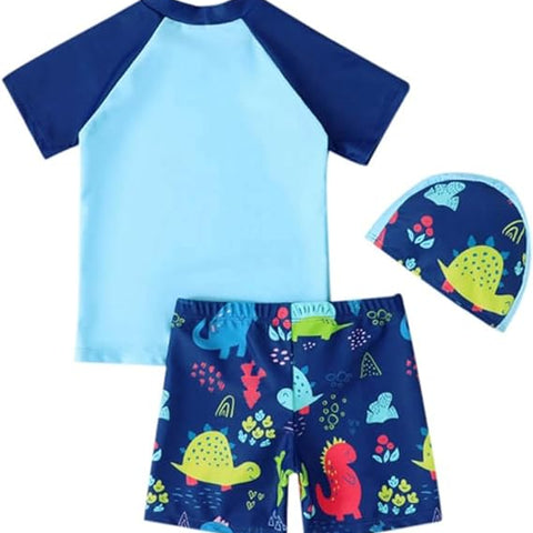 Sky Blue Shrit & Short Swimsuit 2 PCs Set with Cap SWM6054B