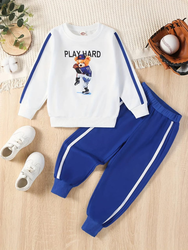 Boys PLAY HARD Bear Print Long Sleeve Sweatshirt & Elastic Waist Long Pants 2 pcs Set TS6038