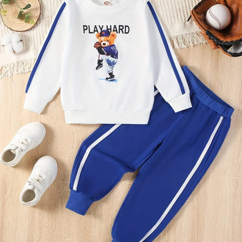 Boys PLAY HARD Bear Print Long Sleeve Sweatshirt & Elastic Waist Long Pants 2 pcs Set TS6038