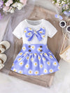 Girls' Summer Daisy Print Pleated Skirt Set, Casual Polyester Knit Fabric with 3D Bow Detail, Elegant Ladylike Outfit for Baby Girls, for Outdoor FD6127A