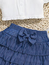 Chic Summer Girls' Outfit Set - Elegant Faux Denim Print Skirt with Bow Detail & Casual Top, Machine Washable, Perfect for Outdoor FD6122A