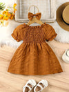 Infant Girls' Summer Fashion Elastic Waist Bubble Sleeve Princess Dress with Headband Two-Piece Set, Brown + Plaid Three Colors Available FD6128C