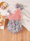 2pcs Baby Girl Summer Outfit Set, Sleeveless Floral Patchwork Bodysuit with Matching Bow Headband BS6101E