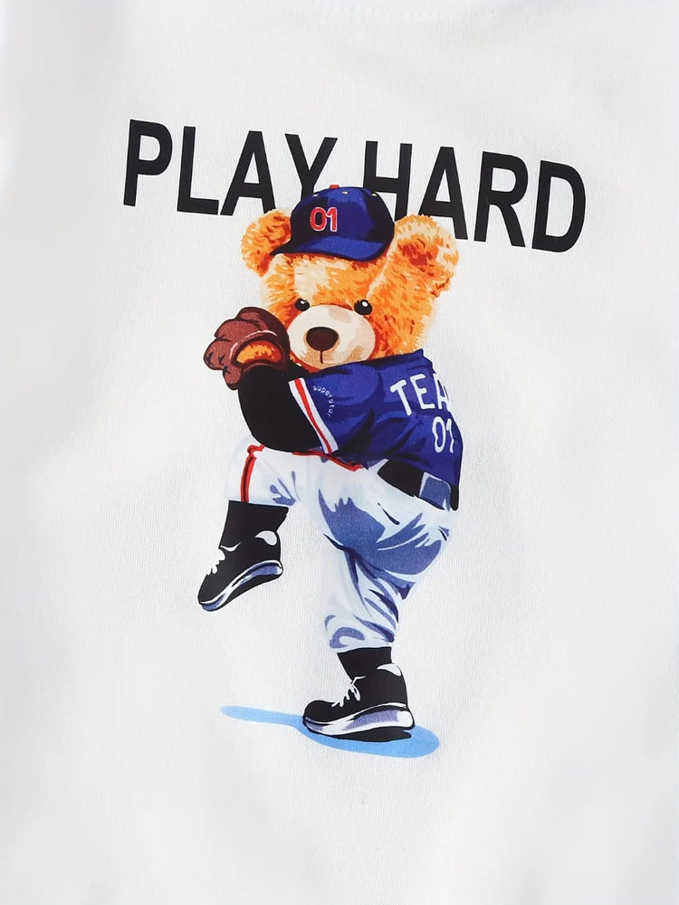 Boys PLAY HARD Bear Print Long Sleeve Sweatshirt & Elastic Waist Long Pants 2 pcs Set TS6038