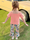 Pink 2Pcs Set for Girls in Summer with Bow Embellishment, Creative Suspender Top with Exposed Shoulders and Short Sleeves + Romantic Floral Print Bell-Bottom Pants FD6122H