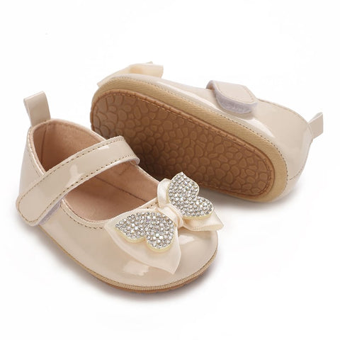 Cream Fashionable Baby Girl's Bow with Rhinestone Decor Rubber Anti-Slip Soft Sole Shoes SH7125E