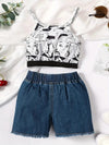 Brown Bark Cute Versatile Casual Denim Suspender Set for Girls Two-piece, for Outdoor FD6112G