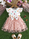 Adorable Summer Girls' Fashion Dress - Double-Sided Brushed Digital Butterfly Print, Pink Tulle Overlay with Large Bow Detail FD6110A