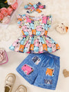 Spring/Summer Girls' Cute Kitten Print Flying Sleeve Top and Shorts Set, Perfect for Outdoor FD6125F