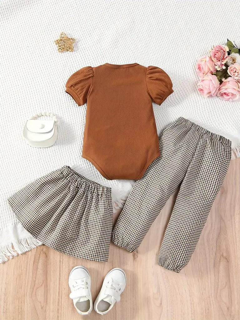 New Melard Style Bubble Sleeve One-Piece for Girls, Three-Piece Set with Houndstooth Short Skirt and Houndstooth Long Pants FD6091B