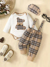 Newborn Boy's Clothes Long Sleeve Triangle Ha Clothes + Plaid Diaper Pants + Hat Three-piece Pants Set Bear Plaid Embroidery Pattern with Bow Small Bow Tie Decoration Cute Casual Comfortable Romper BS6105G