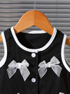 2pcs/set Youngsters' Bowknot Button Round Neck Black Sleeveless Vest and Pleated Skirt Knit Set for Commuting, School, Casual, Vacation, Sports, Party, Spring and Summer FD6121B